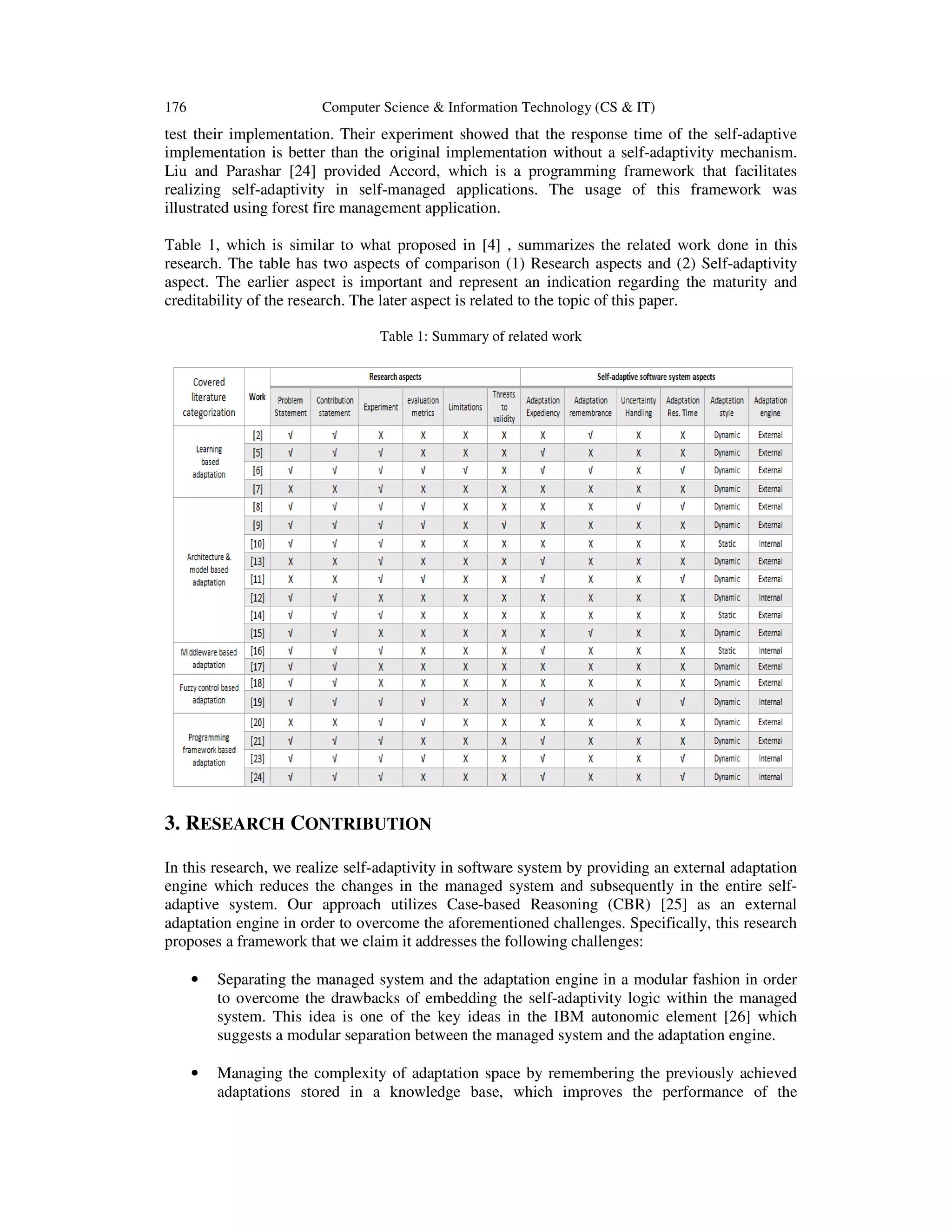 176

Computer Science & Information Technology (CS & IT)

test their implementation. Their experiment showed that the response time of the self-adaptive
implementation is better than the original implementation without a self-adaptivity mechanism.
Liu and Parashar [24] provided Accord, which is a programming framework that facilitates
realizing self-adaptivity in self-managed applications. The usage of this framework was
illustrated using forest fire management application.
Table 1, which is similar to what proposed in [4] , summarizes the related work done in this
research. The table has two aspects of comparison (1) Research aspects and (2) Self-adaptivity
aspect. The earlier aspect is important and represent an indication regarding the maturity and
creditability of the research. The later aspect is related to the topic of this paper.
Table 1: Summary of related work

3. RESEARCH CONTRIBUTION
In this research, we realize self-adaptivity in software system by providing an external adaptation
engine which reduces the changes in the managed system and subsequently in the entire selfadaptive system. Our approach utilizes Case-based Reasoning (CBR) [25] as an external
adaptation engine in order to overcome the aforementioned challenges. Specifically, this research
proposes a framework that we claim it addresses the following challenges:
•

Separating the managed system and the adaptation engine in a modular fashion in order
to overcome the drawbacks of embedding the self-adaptivity logic within the managed
system. This idea is one of the key ideas in the IBM autonomic element [26] which
suggests a modular separation between the managed system and the adaptation engine.

•

Managing the complexity of adaptation space by remembering the previously achieved
adaptations stored in a knowledge base, which improves the performance of the

 