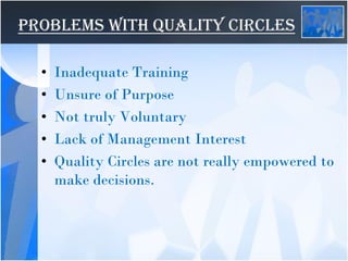Problems with Quality Circles
• Inadequate Training
• Unsure of Purpose
• Not truly Voluntary
• Lack of Management Interest
• Quality Circles are not really empowered to
make decisions.
 