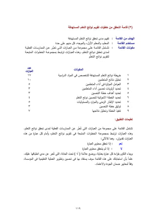 ‫)٣( ﻗﺎﺋﻣﺔ اﻟﺗﺣﻘق ﻣن ﺧطوات ﺗﻘوﻳم ﻧواﺗﺞ اﻟﺗﻌﻠم اﻟﻣﺳﺗﻬدﻓﺔ‬


                                                ‫اﻟﻬدف ﻣن اﻟﻘﺎﺋﻣﺔ : ﺗﻘﻳﻳم ﻣدى ﺗﺣﻘق ﻧواﺗﺞ اﻟﺗﻌﻠم اﻟﻣﺳﺗﻬدﻓﺔ‬
                                 ‫ﻣﺳﺗﺧدم اﻟﻘﺎﺋﻣﺔ : اﻟﻣﻌﻠم، واﻟﻣﻌﻠم اﻷوﻝ، واﻟﻣوﺟﻪ، ﻛﻝ ﻣﻧﻬم ﻋﻠﻰ ﺣدة‬
                               ‫ﱠ‬
 ‫: ﺗﺷــﺗﻣﻝ اﻟﻘﺎﺋﻣــﺔ ﻋﻠــﻰ ﻣﺟﻣوﻋــﺔ ﻣــن اﻟﻌﺑــﺎ ات اﻟﺗــﻰ ﺗﻌﺑ ـر ﻋــن اﻟﻣﻣﺎرﺳــﺎت اﻟﻔﻌﻠﻳــﺔ‬
                                           ‫ر‬                                                 ‫ﻣﻛوﻧﺎت اﻟﻘﺎﺋﻣﺔ‬
 ‫ﻟﻣــدى ﺗﺣﻘــق ﻧ ـواﺗﺞ اﻟــﺗﻌﻠم. وﻫــذﻩ اﻟﻌﺑــﺎ ات ﺗرﺗﺑ ــط ﺑﻣﺟﻣوﻋ ــﺔ اﻟﺧط ـوات اﻟﻣﺗﺑﻌــﺔ‬
                                              ‫ر‬
                                                                     ‫ﻟﺗﻘوﻳم ﻧواﺗﺞ اﻟﺗﻌﻠم‬


  ‫ﻋدد‬                                           ‫اﻟﻣﻛوﻧﺎت‬
 ‫اﻟﻌﺑﺎ ات‬
  ‫ر‬
  ‫٧١‬                             ‫ﺧرﻳطﺔ ﻧواﺗﺞ اﻟﺗﻌﻠم اﻟﻣﺳﺗﻬدﻓﺔ ﻟﻠﺗﺧﺻص ﻓﻰ اﻟﻣواد اﻟد اﺳﻳﺔ‬
                                    ‫ر‬                                                               ‫١‬
  ‫٠١‬                                                                   ‫ﺗﺣﻠﻳﻝ ﻧﺗﺎﺋﺞ اﻟﻣﺗﻌﻠﻣﻳن‬        ‫٢‬
   ‫٥‬                                                       ‫اﻟﻌواﻣﻝ اﻟﻣؤﺛ ة ﻓﻰ أداء اﻟﻣﺗﻌﻠﻣﻳن‬
                                                                              ‫ر‬                     ‫٣‬
   ‫٣‬                                                    ‫ﺗﺣدﻳد أوﻟوﻳﺎت ﺗﺣﺳﻳن أداء اﻟﻣﺗﻌﻠﻣﻳن‬          ‫٤‬
   ‫٣‬                                                             ‫ﺗﺣدﻳد أﻫداف ﺧطﺔ اﻟﺗﺣﺳﻳن‬            ‫٥‬
   ‫٤‬                                              ‫ﺗﺣدﻳد اﻟﺧطﺔ اﻻﺟ اﺋﻳﺔ ﻟﺗﺣﺳﻳن ﻧوﺗﺞ اﻟﺗﻌﻠم‬
                                                                         ‫ر‬                          ‫٦‬
   ‫٥‬                                               ‫ﺗﺣدﻳد اﻹطﺎر اﻟزﻣﻧﻰ واﻟﻣوارد واﻟﻣﺳﺋوﻟﻳﺎت‬          ‫٧‬
   ‫٣‬                                                                    ‫ﺗوﺛﻳق ﺧطﺔ اﻟﺗﺣﺳﻳن‬           ‫٨‬
   ‫٧‬                                                             ‫ﺗﻧﻔﻳذ اﻟﺧطﺔ وﺗﺣﻠﻳﻝ ﻧﺗﺎﺋﺟﻬﺎ‬         ‫٩‬

                                                                                       ‫ﺗﻌﻠﻳﻣﺎت اﻟﺗطﺑﻳق:‬

                                                ‫ﱠ‬
‫ﺗﺷﺗﻣﻝ اﻟﻘﺎﺋﻣﺔ ﻋﻠﻰ ﻣﺟﻣوﻋﺔ ﻣن اﻟﻌﺑﺎ ات اﻟﺗﻰ ﺗُﻌﺑر ﻋن اﻟﻣﻣﺎرﺳﺎت اﻟﻔﻌﻠﻳﺔ ﻟﻣدى ﺗﺣﻘق ﻧواﺗﺞ اﻟﺗﻌﻠم.‬
                                                              ‫ر‬
‫وﻫذﻩ اﻟﻌﺑﺎ ات ﺗرﺗﺑـط ﺑﻣﺟﻣوﻋـﺔ اﻟﺧطوات اﻟﻣﺗﺑﻌﺔ ﻓﻰ ﺗﻘوﻳم ﻧواﺗﺞ اﻟﺗﻌﻠم، وأﻣﺎم ﻛﻝ ﻋﺑﺎ ة ﻣن ﻫذﻩ‬
         ‫ر‬                                                                               ‫ر‬
                                                                        ‫اﻟﻌﺑﺎ ات ﺗﻘدﻳرن، وﻫﻣﺎ ﻛﺎﻵﺗﻲ:‬
                                                                                       ‫ا‬      ‫ر‬
                                                          ‫: إذا ﺗﺣﻘق ﻣﺣﺗوى اﻟﻌﺑﺎ ة‬
                                                          ‫ر‬                            ‫ﻧﻌم‬
                                                    ‫: إذا ﻟم ﻳﺗﺣﻘق ﻣﺣﺗوى اﻟﻌﺑﺎ ة‬
                                                    ‫ر‬                                    ‫ﻻ‬
‫ﺟﺎء اﻟﺗﻛرم ﺑﻘ اءة ﻛﻝ ﻋﺑﺎ ة ﺑﻌﻧﺎﻳﺔ، ووﺿﻊ ﻋﻼﻣﺔ ) √ ( ﺗﺣت اﻟﺧﺎﻧﺔ، اﻟﺗﻰ ﺗُﻌﺑر ﻋن ﻣدي اﻧطﺑﺎﻗﻬﺎ ﻋﻠﻳك.‬
                                                                          ‫ر‬          ‫ر‬             ‫ﺑر‬
‫ﻋﻠﻣﺎً ﺑﺄن اﺳﺗﺟﺎﺑﺗك ﻋﻠﻰ ﻫذﻩ اﻟﻘﺎﺋﻣﺔ ﺳوف ﻳﺳﺗﻔﺎد ﺑﻬﺎ ﻓﻰ ﺗﺣﺳﻳن وﺗطوﻳر اﻟﻌﻣﻠﻳﺔ اﻟﺗﻌﻠﻳﻣﻳﺔ ﻓﻰ اﻟﻣؤﺳﺳﺔ،‬
                                                                  ‫وﻓﻘﺎً ﻟﻣﻌﺎﻳﻳر ﺿﻣﺎن اﻟﺟودة واﻻﻋﺗﻣﺎد.‬




                                                  ‫٩١١‬
 