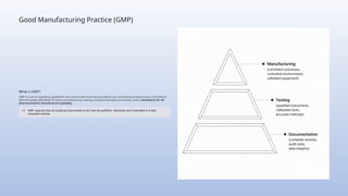 Good Manufacturing Practice (GMP)
What is GMP?
GMP is a set of regulatory guidelines that ensure pharmaceutical products are consistently produced and controlled to
defined quality standards. It covers manufacturing, testing, and documentation processes, and is mandatory for all
pharmaceutical manufacturers globally.
GMP requires that all analytical instruments in QC labs be qualified, calibrated, and controlled in a fully
traceable manner.
 