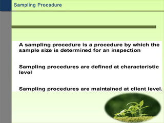 A sampling procedure is a procedure by which the
sample size is determined for an inspection
Sampling procedures are defined at characteristic
level
Sampling procedures are maintained at client level.
Sampling Procedure
 