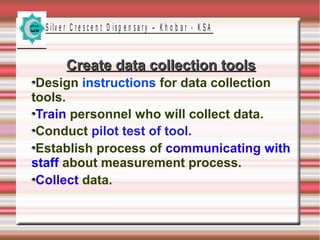 S ilv e r C r e s c e n t D is p e n s a r y – K h o b a r - K S A
Create data collection toolsCreate data collection tools
Design instructions for data collection
tools.
Train personnel who will collect data.
Conduct pilot test of tool.
Establish process of communicating with
staff about measurement process.
Collect data.
 