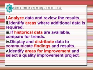 S ilv e r C r e s c e n t D is p e n s a r y – K h o b a r - K S A
i.Analyze data and review the results.
ii.Identify areas where additional data is
required.
iii.If historical data are available,
compare for trends.
iv.Display and distribute data to
communicate findings and results.
v.Identify areas for improvement and
select a quality improvement project.
 