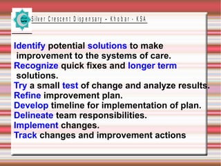 S ilv e r C r e s c e n t D is p e n s a r y – K h o b a r - K S A
Identify potential solutions to make
improvement to the systems of care.
Recognize quick fixes and longer term
solutions.
Try a small test of change and analyze results.
Refine improvement plan.
Develop timeline for implementation of plan.
Delineate team responsibilities.
Implement changes.
Track changes and improvement actions
 