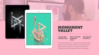 MONUMENT
VALLEY
10,000,000
DOWNLOADS
The ustwo games team conceived and built Monument
Valley in 10 months with continuous user testing with
gamers and non-gamers to achieve a magical and
intuitive puzzle game experience with mass appeal.
MULTI-AWARD
WINNING
2014
$8,000,000
REVENUE
 