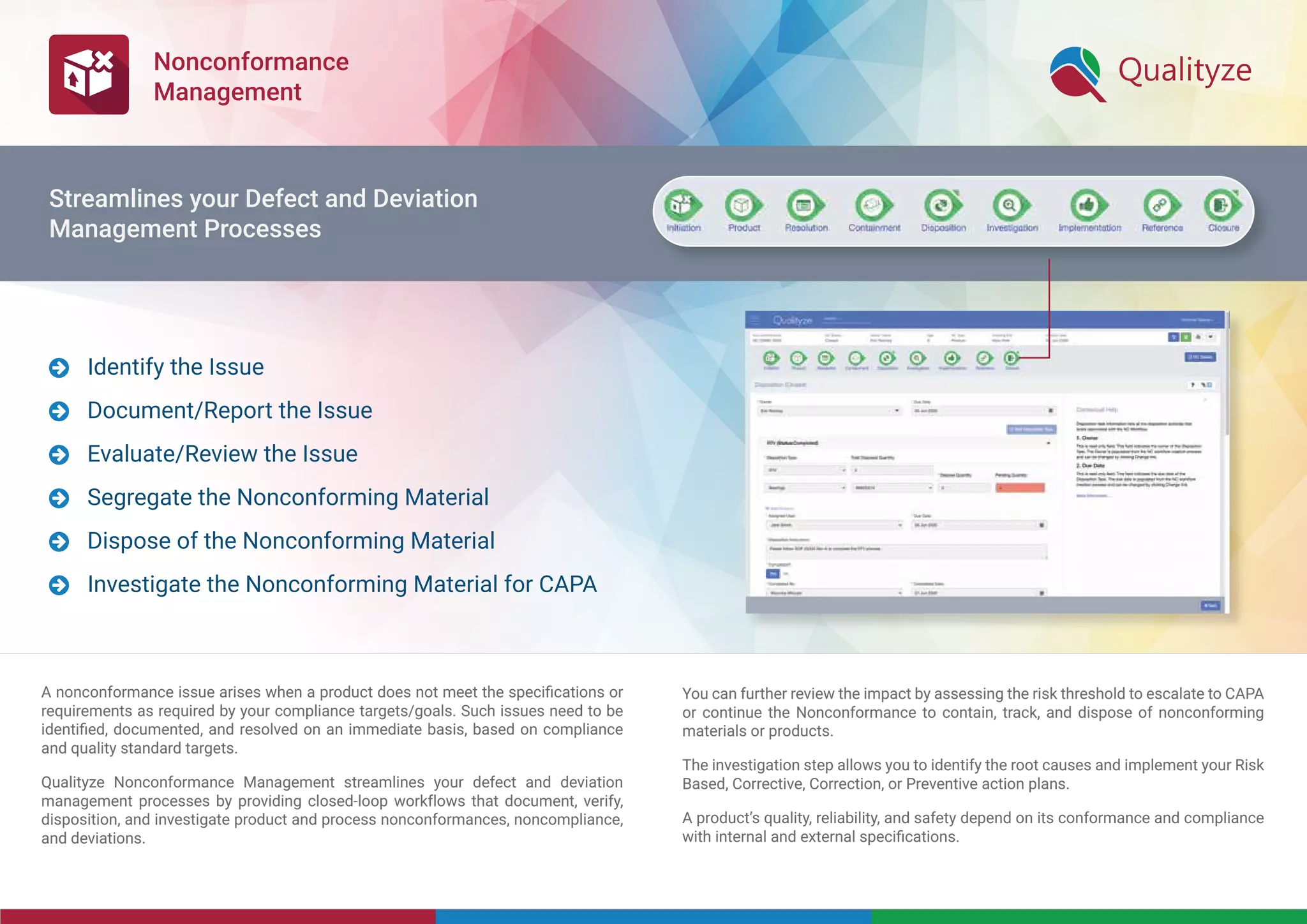 Nonconformance
Management
A nonconformance issue arises when a product does not meet the speciﬁcations or
requirements as required by your compliance targets/goals. Such issues need to be
identiﬁed, documented, and resolved on an immediate basis, based on compliance
and quality standard targets.
Qualityze Nonconformance Management streamlines your defect and deviation
management processes by providing closed-loop workflows that document, verify,
disposition, and investigate product and process nonconformances, noncompliance,
and deviations.
You can further review the impact by assessing the risk threshold to escalate to CAPA
or continue the Nonconformance to contain, track, and dispose of nonconforming
materials or products.
The investigation step allows you to identify the root causes and implement your Risk
Based, Corrective, Correction, or Preventive action plans.
A product’s quality, reliability, and safety depend on its conformance and compliance
with internal and external speciﬁcations.
Identify the Issue
Document/Report the Issue
Evaluate/Review the Issue
Segregate the Nonconforming Material
Dispose of the Nonconforming Material
Investigate the Nonconforming Material for CAPA






Streamlines your Defect and Deviation
Management Processes
 