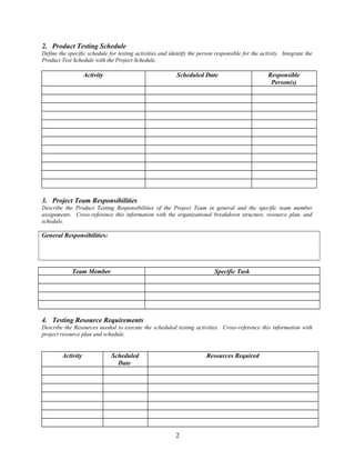 2. Product Testing Schedule 
Define the specific schedule for testing activities and identify the person responsible for the activity. Integrate the 
Product Test Schedule with the Project Schedule. 
Activity Scheduled Date Responsible 
Person(s) 
3. Project Team Responsibilities 
Describe the Product Testing Responsibilities of the Project Team in general and the specific team member 
assignments. Cross-reference this information with the organizational breakdown structure, resource plan, and 
schedule. 
General Responsibilities: 
Team Member Specific Task 
4. Testing Resource Requirements 
Describe the Resources needed to execute the scheduled testing activities. Cross-reference this information with 
project resource plan and schedule. 
Activity Scheduled 
Date 
Resources Required 
2 
 