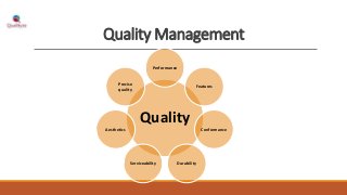 Quality Management
Quality
Performance
Features
Conformance
DurabilityServiceability
Aesthetics
Precise
quality
 