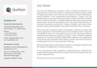 Development Center
Qualityze Process Management
Solutions Pvt Ltd.
No. 27, 1st floor, 80 ft. road,
KHB Colony, 2nd stage,
Basaveshwaranagar,
Bangalore 560079, India
Corporate Head Quarters
3903 Northdale Blvd Suite
100E Tampa - FL 33624, USA
Phone:
+1-877-207-8616
+1-813-501-5015
Email: info@qualityze.com
www.qualityze.com
Qualityze Inc.
Our vision of helping our customers create a “Culture of Quality” is not
unique but the way we have built our solution from the ground up to make
the application easy to use, intuitive and inclusive is unique. Meaning, by
having everyone in the organization participating in quality, not just
because they are required too; but because it’s easy, fun and has a logical
flow to record information. “Something difﬁcult and time-consuming was
made easy to document and report at the very least.” Manufacturers or
Providers focused on promoting a “Culture of Quality” will improve their
product quality, quality analysis, and responsiveness to their customers.
There has been a quantum leap in technology in the last 10 years and
having applications that look like and act like a database will no longer be
acceptable by users. It is more about how your user interface compares
and drives like Facebook, LinkedIn, or Tweeter. With a Salesforce lighting
enabled user interface, Qualityze EQMS brings together a new application
environment that embraces these industry trends and looks forward to
integrating AI and IoT to its core product offering.
We have a huge opportunity to elevate quality to a strategic discipline with
the hands-on involvement of C-Suite executives.
If you are going to stay competitive, customer-centric, market-driven,
product-focused before and after the sale oriented, then quality will be one
of your major priorities.
We empower you to optimize quality!
Our Vision
 