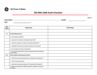 g ISO 9001:2008 Audit Checklist
Page 1
GE Power & Water
Organization ______________________________________________________________________________________ Auditor _______________________
Date _______________________
Std.
Para #
Requirement Audit Finding
4.1 General Requirements
a. Are processes identified
b. Sequence & interaction of processes determined?
c. Criteria for operation of control of processes determined?
d. Availability of resources to support processes & monitoring?
e. Are processes monitored & measured?
f. Are actions implemented to achieve planned results with continual
improvement?
4.2.1 Documentation Requirements General
a. Are there documented statements for quality policy & objectives?
b. Is there a quality manual?
c. Required documented procedures? Implemented? Maintained?
d. Required documents for effective planning, operation & control of
processes.
 