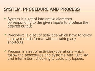  System is a set of interactive elements
corresponding to the given inputs to produce the
desired output
 Procedure is a set of activities which have to follow
in a systematic format without taking any
shortcuts
 Process is a set of activities/operations which
follow the procedures and systems with right RM
and intermittent checking to avoid any lapses.
 