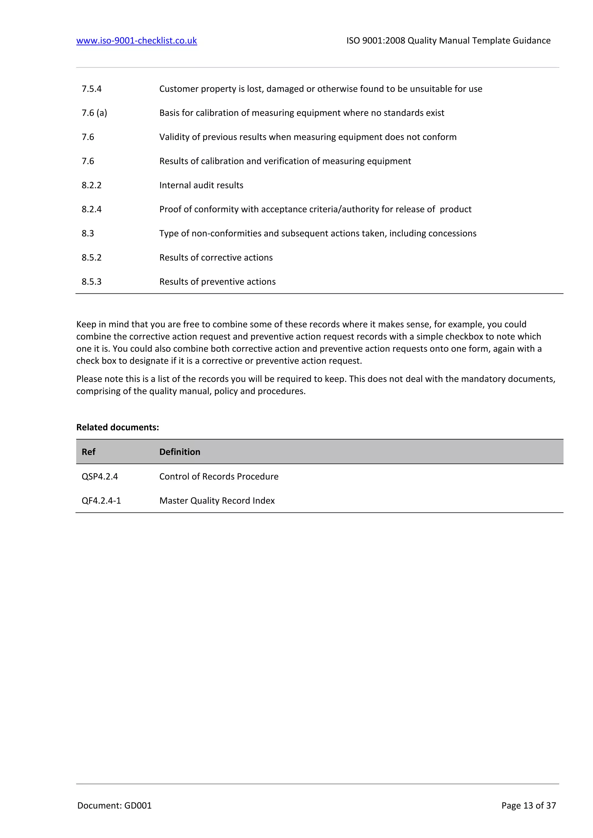 www.iso-9001-checklist.co.uk ISO 9001:2008 Quality Manual Template Guidance
Document: GD001 Page 13 of 37
7.5.4 Customer property is lost, damaged or otherwise found to be unsuitable for use
7.6 (a) Basis for calibration of measuring equipment where no standards exist
7.6 Validity of previous results when measuring equipment does not conform
7.6 Results of calibration and verification of measuring equipment
8.2.2 Internal audit results
8.2.4 Proof of conformity with acceptance criteria/authority for release of product
8.3 Type of non-conformities and subsequent actions taken, including concessions
8.5.2 Results of corrective actions
8.5.3 Results of preventive actions
Keep in mind that you are free to combine some of these records where it makes sense, for example, you could
combine the corrective action request and preventive action request records with a simple checkbox to note which
one it is. You could also combine both corrective action and preventive action requests onto one form, again with a
check box to designate if it is a corrective or preventive action request.
Please note this is a list of the records you will be required to keep. This does not deal with the mandatory documents,
comprising of the quality manual, policy and procedures.
Related documents:
Ref Definition
QSP4.2.4 Control of Records Procedure
QF4.2.4-1 Master Quality Record Index
 