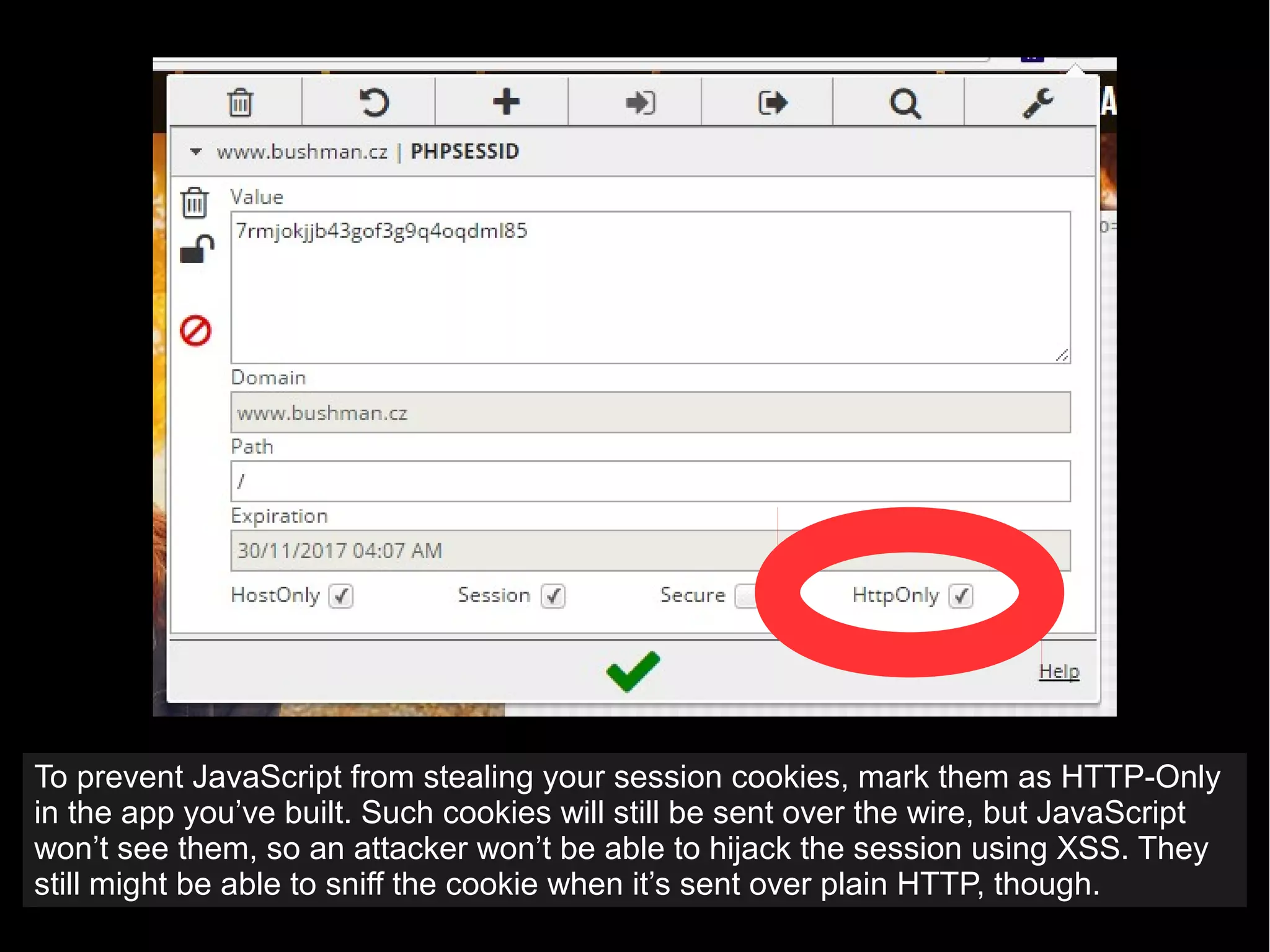 To prevent JavaScript from stealing your session cookies, mark them as HTTP-Only
in the app you’ve built. Such cookies will still be sent over the wire, but JavaScript
won’t see them, so an attacker won’t be able to hijack the session using XSS. They
still might be able to sniff the cookie when it’s sent over plain HTTP, though.
 