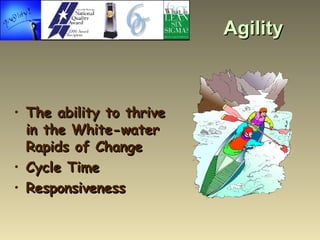 Agility <ul><li>The ability to thrive in the White-water Rapids of Change </li></ul><ul><li>Cycle Time </li></ul><ul><li>R...
