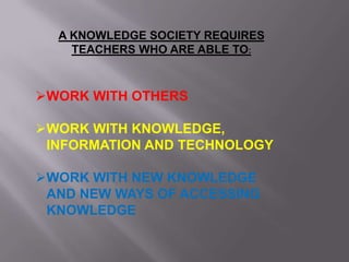 A KNOWLEDGE SOCIETY REQUIRES
TEACHERS WHO ARE ABLE TO:
WORK WITH OTHERS
WORK WITH KNOWLEDGE,
INFORMATION AND TECHNOLOGY
WORK WITH NEW KNOWLEDGE
AND NEW WAYS OF ACCESSING
KNOWLEDGE
 