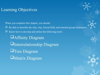 Learning Objectives
When you complete this chapter, you should:
 Be able to describe the why, why, forced field, and nominal group techniques.
 Know how to develop and utilize the following tools:
Affinity Diagram
Interrelationship Diagram
Tree Diagram
Matrix Diagram
 