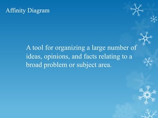 Affinity Diagram
A tool for organizing a large number of
ideas, opinions, and facts relating to a
broad problem or subject area.
 