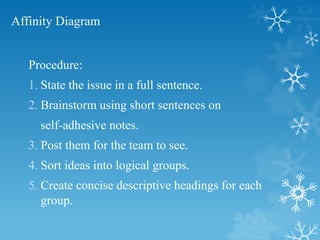Affinity Diagram
Procedure:
1. State the issue in a full sentence.
2. Brainstorm using short sentences on
self-adhesive notes.
3. Post them for the team to see.
4. Sort ideas into logical groups.
5. Create concise descriptive headings for each
group.
 