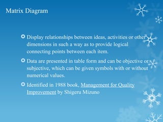 Matrix Diagram
 Display relationships between ideas, activities or other
dimensions in such a way as to provide logical
connecting points between each item.
 Data are presented in table form and can be objective or
subjective, which can be given symbols with or without
numerical values.
 Identified in 1988 book, Management for Quality
Improvement by Shigeru Mizuno
 