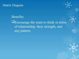 Matrix Diagram
Benefits:
Encourage the team to think in terms
of relationship, their strength, and
any pattern.
 
