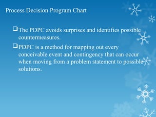 Process Decision Program Chart
The PDPC avoids surprises and identifies possible
countermeasures.
PDPC is a method for mapping out every
conceivable event and contingency that can occur
when moving from a problem statement to possible
solutions.
 