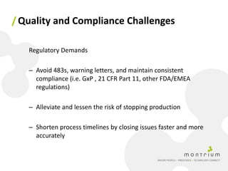 / Quality and Compliance Challenges

   Regulatory Demands

   – Avoid 483s, warning letters, and maintain consistent
     compliance (i.e. GxP , 21 CFR Part 11, other FDA/EMEA
     regulations)

   – Alleviate and lessen the risk of stopping production

   – Shorten process timelines by closing issues faster and more
     accurately
 