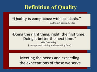 Definition of Quality
           “Quality is compliance with standards.”
                                            QA Project Contract, 1997



           “   Doing the right thing, right, the first time.
                    Doing it better the next time.”
                                  ODI Consulting
                        (management training and consulting firm )




                   Meeting the needs and exceeding
                   the expectations of those we serve
11/09/12                                                                3
 