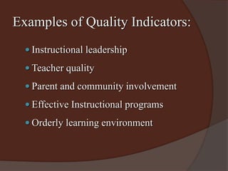Examples of Quality Indicators: 
 Instructional leadership 
 Teacher quality 
 Parent and community involvement 
 Effective Instructional programs 
 Orderly learning environment 
 
