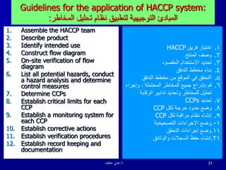 Guidelines for the application of HACCP system:
‫المخاطر‬ ‫تحليل‬ ‫نظام‬ ‫لتطبيق‬ ‫التوجيهية‬ ‫المبادئ‬:
1. Assemble the H...