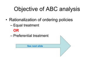 Objective of ABC analysis
• Rationalization of ordering policies
– Equal treatment
OR
– Preferential treatment
See next sl...