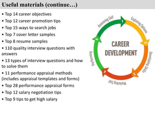 Useful materials (continue…) 
• Top 14 career objectives 
• Top 12 career promotion tips 
• Top 15 ways to search jobs 
• Top 7 cover letter samples 
• Top 8 resume samples 
• 110 quality interview questions with 
answers 
• 13 types of interview questions and how 
to solve them 
• 11 performance appraisal methods 
(includes appraisal templates and forms) 
• Top 28 performance appraisal forms 
• Top 12 salary negotiation tips 
• Top 9 tips to get high salary 
 