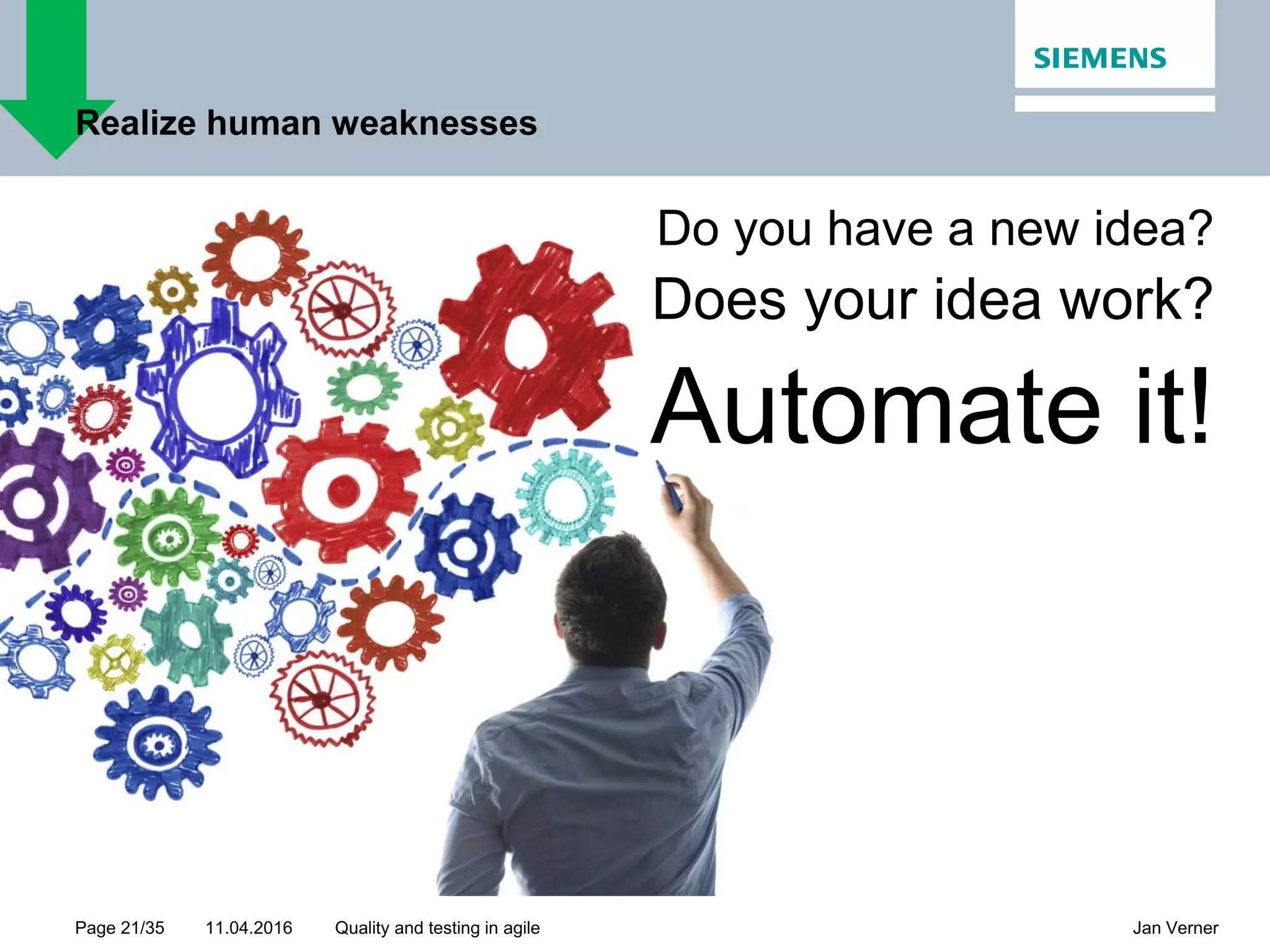 11.04.2016Page 21/35 Jan VernerQuality and testing in agile Realize human weaknesses Do you have a new idea? Does your idea work? Automate it! 