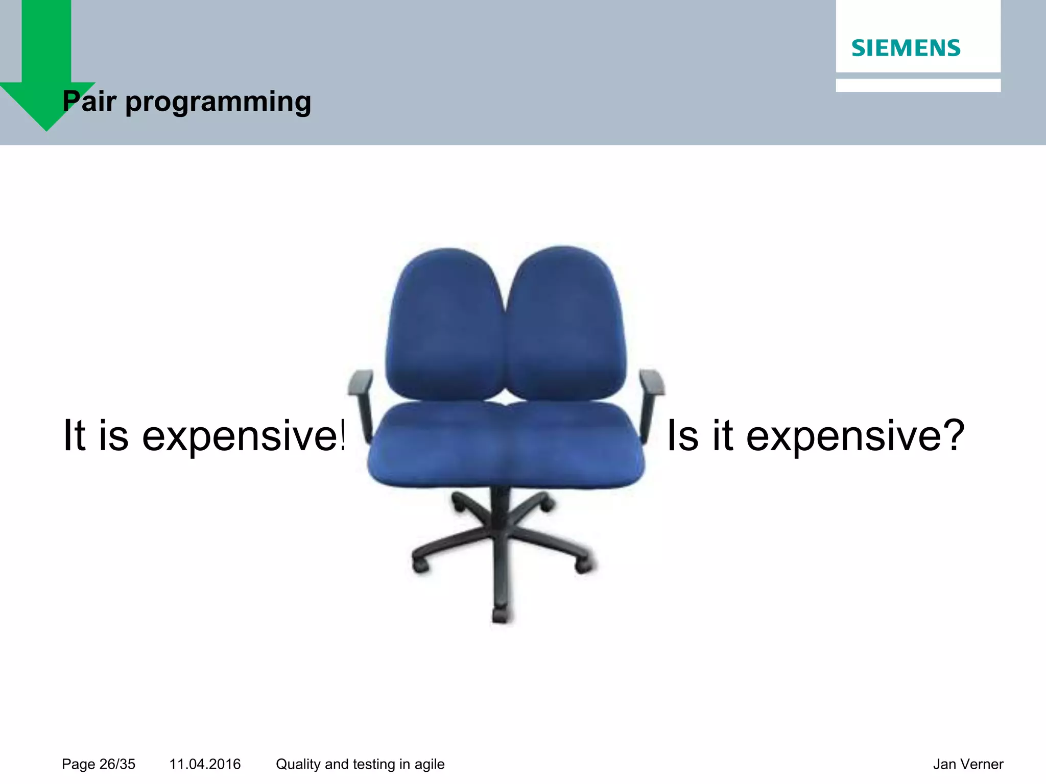 11.04.2016Page 26/35 Jan VernerQuality and testing in agile Pair programming It is expensive! Is it expensive? 
