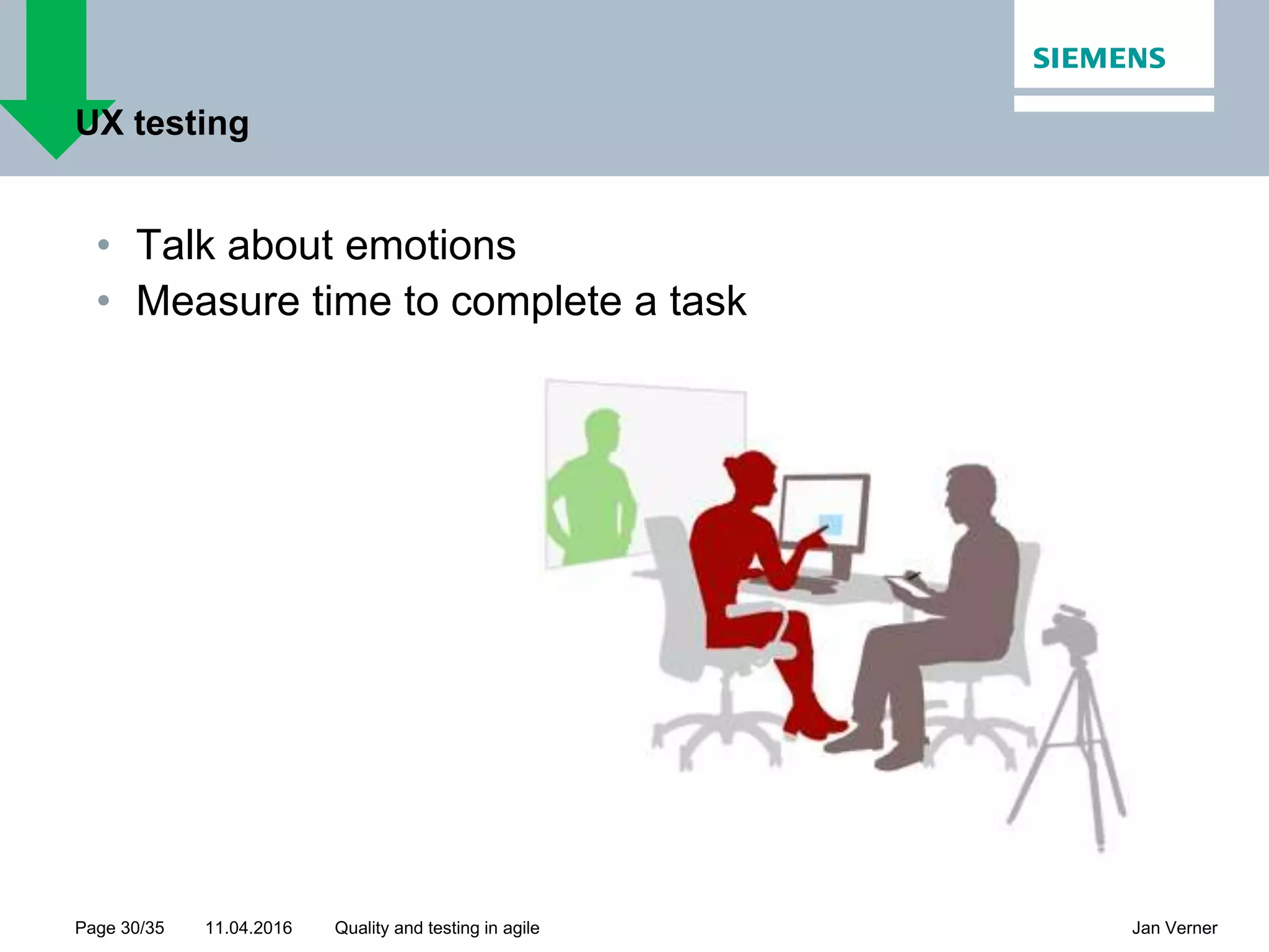 11.04.2016Page 30/35 Jan VernerQuality and testing in agile UX testing • Talk about emotions • Measure time to complete a task 