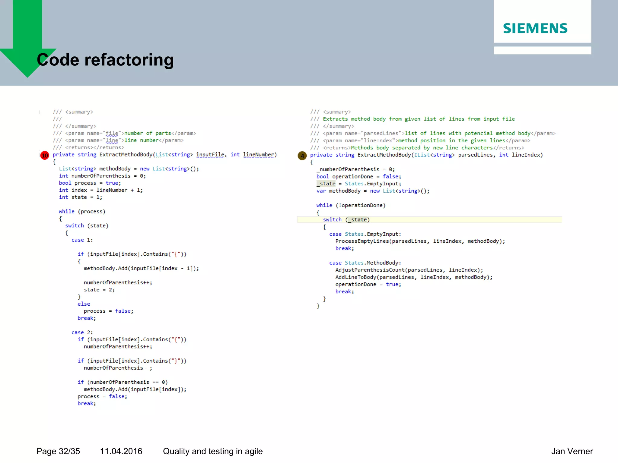11.04.2016Page 32/35 Jan VernerQuality and testing in agile Code refactoring 