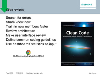 11.04.2016Page 27/35 Jan VernerQuality and testing in agile
Code reviews
Search for errors
Share know how
Train in new members faster
Review architecture
Make user interface review
Define common coding guidelines
Use dashboards statistics as input
 