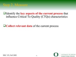 Step 2. Measure Identify the  key aspects of the current process  that influence Critical To Quality (CTQs) characteristics  Collect relevant data  of the current process 