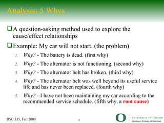 Analysis: 5 Whys A question-asking method used to explore the cause/effect relationships Example: My car will not start. (the problem) Why?  - The battery is dead. (first why) Why?  - The alternator is not functioning. (second why) Why?  - The alternator belt has broken. (third why) Why?  - The alternator belt was well beyond its useful service life and has never been replaced. (fourth why) Why?  - I have not been maintaining my car according to the recommended service schedule. (fifth why, a  root cause ) 