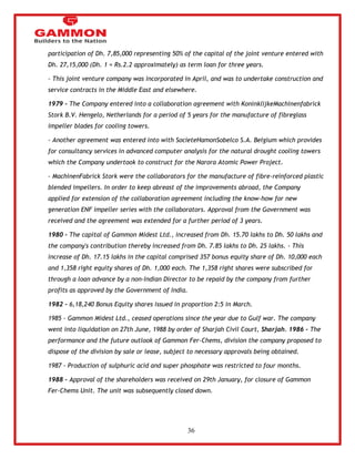 36 
participation of Dh. 7,85,000 representing 50% of the capital of the joint venture entered with 
Dh. 27,15,000 (Dh. 1 = Rs.2.2 approximately) as term loan for three years. 
- This joint venture company was incorporated in April, and was to undertake construction and 
service contracts in the Middle East and elsewhere. 
1979 - The Company entered into a collaboration agreement with KoninklijkeMachinenfabrick 
Stork B.V. Hengelo, Netherlands for a period of 5 years for the manufacture of fibreglass 
impeller blades for cooling towers. 
- Another agreement was entered into with SocieteHamonSobelco S.A. Belgium which provides 
for consultancy services in advanced computer analysis for the natural drought cooling towers 
which the Company undertook to construct for the Narora Atomic Power Project. 
- MachinenFabrick Stork were the collaborators for the manufacture of fibre-reinforced plastic 
blended impellers. In order to keep abreast of the improvements abroad, the Company 
applied for extension of the collaboration agreement including the know-how for new 
generation ENF impeller series with the collaborators. Approval from the Government was 
received and the agreement was extended for a further period of 3 years. 
1980 - The capital of Gammon Midest Ltd., increased from Dh. 15.70 lakhs to Dh. 50 lakhs and 
the company's contribution thereby increased from Dh. 7.85 lakhs to Dh. 25 lakhs. - This 
increase of Dh. 17.15 lakhs in the capital comprised 357 bonus equity share of Dh. 10,000 each 
and 1,358 right equity shares of Dh. 1,000 each. The 1,358 right shares were subscribed for 
through a loan advance by a non-Indian Director to be repaid by the company from further 
profits as approved by the Government of India. 
1982 - 6,18,240 Bonus Equity shares issued in proportion 2:5 in March. 
1985 - Gammon Midest Ltd., ceased operations since the year due to Gulf war. The company 
went into liquidation on 27th June, 1988 by order of Sharjah Civil Court, Sharjah. 1986 - The 
performance and the future outlook of Gammon Fer-Chems, division the company proposed to 
dispose of the division by sale or lease, subject to necessary approvals being obtained. 
1987 - Production of sulphuric acid and super phosphate was restricted to four months. 
1988 - Approval of the shareholders was received on 29th January, for closure of Gammon 
Fer-Chems Unit. The unit was subsequently closed down. 
 