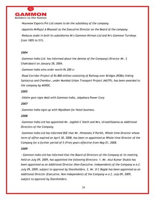 39 
-Nouveaw Exports Pvt Ltd ceases to be the subsidiary of the company. 
-Appoints MrRajul A Bhansali as the Executive Director on the Board of the company. 
-Reduces stake in both its subsidiaries M/s Gammon Nirman Ltd and M/s Gammon Turnkeys 
from 100% to 51%. 
2004 
-Gammon India Ltd. has informed about the demise of the Company's Director Mr. S 
Chakrabarti on January 28, 2004. 
-Gammon India wins order worth Rs 200 cr 
-Road Corridor Project of Rs 800 million consisting of Railway over Bridges (ROBs) linking 
Santacruz and Chembur, under Mumbai Urban Transport Project (MUTP), has been awarded to 
the company by MSRDC. 
2005 
-Sikkim govt signs MoU with Gammon India, Jalpahara Power Corp 
2007 
-Gammon India signs up with Wyndham for Hotel business. 
2008 
-Gammon India Ltd has appointed Mr. Jagdish C Sheth and Mrs. UrvashiSaxena as Additional 
Directors of the Company. 
-Gammon India Ltd has informed BSE that Mr. Himanshu V Parikh, Whole-time Director whose 
term of office expired on April 30, 2008, has been re-appointed as Whole-time Director of the 
Company for a further period of 5 (Five) years effective from May 01, 2008. 
2009 
- Gammon India Ltd has informed that the Board of Directors of the Company at its meeting 
held on July 09, 2009, has appointed the following Directors: 1. Mr. Atul Kumar Shukla has 
been appointed as an Additional Director (Non-Executive, Independent) of the Company w.e.f. 
July 09, 2009, subject to approval by Shareholders. 2. Mr. D C Bagde has been appointed as an 
Additional Director (Executive, Non-Independent) of the Company w.e.f. July 09, 2009, 
subject to approval by Shareholders. 
 
