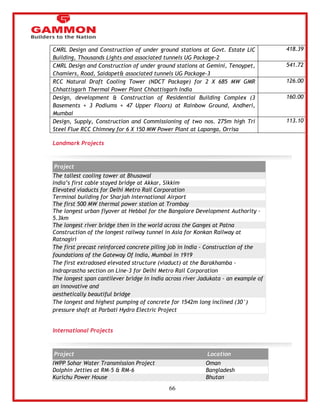 66 
CMRL Design and Construction of under ground stations at Govt. Estate LIC 
Building, Thousands Lights and associated tunnels UG Package-2 
418.39 
CMRL Design and Construction of under ground stations at Gemini, Tenoypet, 
Chamiers, Road, Saidapet& associated tunnels UG Package-3 
541.72 
RCC Natural Draft Cooling Tower (NDCT Package) for 2 X 685 MW GMR 
Chhattisgarh Thermal Power Plant Chhattisgarh India 
126.00 
Design, development & Construction of Residential Building Complex (3 
Basements + 3 Podiums + 47 Upper Floors) at Rainbow Ground, Andheri, 
Mumbai 
160.00 
Design, Supply, Construction and Commissioning of two nos. 275m high Tri 
Steel Flue RCC Chimney for 6 X 150 MW Power Plant at Lapanga, Orrisa 
113.10 
Landmark Projects 
Project 
The tallest cooling tower at Bhusawal 
India‘s first cable stayed bridge at Akkar, Sikkim 
Elevated viaducts for Delhi Metro Rail Corporation 
Terminal building for Sharjah International Airport 
The first 500 MW thermal power station at Trombay 
The longest urban flyover at Hebbal for the Bangalore Development Authority - 
5.3km 
The longest river bridge then in the world across the Ganges at Patna 
Construction of the longest railway tunnel in Asia for Konkan Railway at 
Ratnagiri 
The first precast reinforced concrete piling job in India - Construction of the 
foundations of the Gateway Of India, Mumbai in 1919 
The first extradosed elevated structure (viaduct) at the Barakhamba - 
Indraprastha section on Line-3 for Delhi Metro Rail Corporation 
The longest span cantilever bridge in India across river Jadukata - an example of 
an innovative and 
aesthetically beautiful bridge 
The longest and highest pumping of concrete for 1542m long inclined (30°) 
pressure shaft at Parbati Hydro Electric Project 
International Projects 
Project Location 
IWPP Sohar Water Transmission Project Oman 
Dolphin Jetties at RM-5 & RM-6 Bangladesh 
Kurichu Power House Bhutan 
 