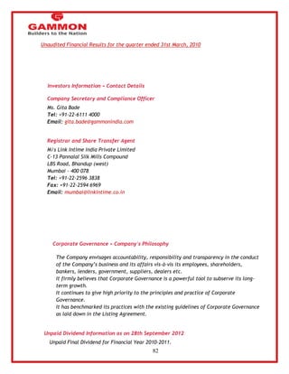 82 
 Unaudited Financial Results for the quarter ended 31st March, 2010 
Investors Information » Contact Details 
Company Secretary and Compliance Officer 
Ms. Gita Bade 
Tel: +91-22-6111 4000 
Email: gita.bade@gammonindia.com 
Registrar and Share Transfer Agent 
M/s Link Intime India Private Limited 
C-13 Pannalal Silk Mills Compound 
LBS Road, Bhandup (west) 
Mumbai - 400 078 
Tel: +91-22-2596 3838 
Fax: +91-22-2594 6969 
Email: mumbai@linkintime.co.in 
Corporate Governance » Company's Philosophy 
 The Company envisages accountability, responsibility and transparency in the conduct 
of the Company‘s business and its affairs vis-à-vis its employees, shareholders, 
bankers, lenders, government, suppliers, dealers etc. 
 It firmly believes that Corporate Governance is a powerful tool to subserve its long-term 
growth. 
 It continues to give high priority to the principles and practice of Corporate 
Governance. 
 It has benchmarked its practices with the existing guidelines of Corporate Governance 
as laid down in the Listing Agreement. 
Unpaid Dividend Information as on 28th September 2012 
 Unpaid Final Dividend for Financial Year 2010-2011. 
 