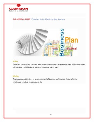 85 
OUR MISSION & VISION |To deliver to the Clients the best Solutions 
Vision 
To deliver to the client the best solutions and broaden activity base by diversifying into other 
infrastructure disciplines to sustain a healthy growth rate. 
Mission 
To achieve our objectives in an environment of fairness and courtesy to our clients, 
employees, vendors, investors and the 
 