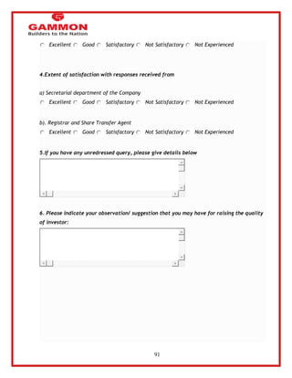 91 
Excellent Good Satisfactory Not Satisfactory Not Experienced 
4.Extent of satisfaction with responses received from 
a) Secretarial department of the Company 
Excellent Good Satisfactory Not Satisfactory Not Experienced 
b). Registrar and Share Transfer Agent 
Excellent Good Satisfactory Not Satisfactory Not Experienced 
5.If you have any unredressed query, please give details below 
6. Please indicate your observation/ suggestion that you may have for raising the quality 
of investor: 
 