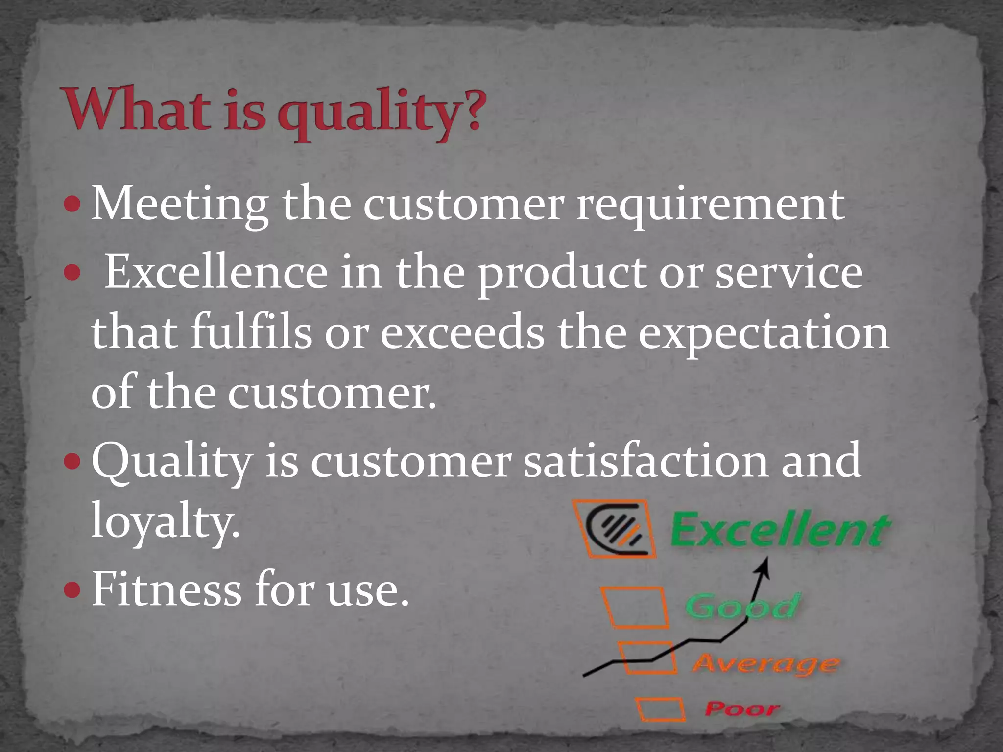  Meeting the customer requirement
 Excellence in the product or service
that fulfils or exceeds the expectation
of the customer.
 Quality is customer satisfaction and
loyalty.
 Fitness for use.
 