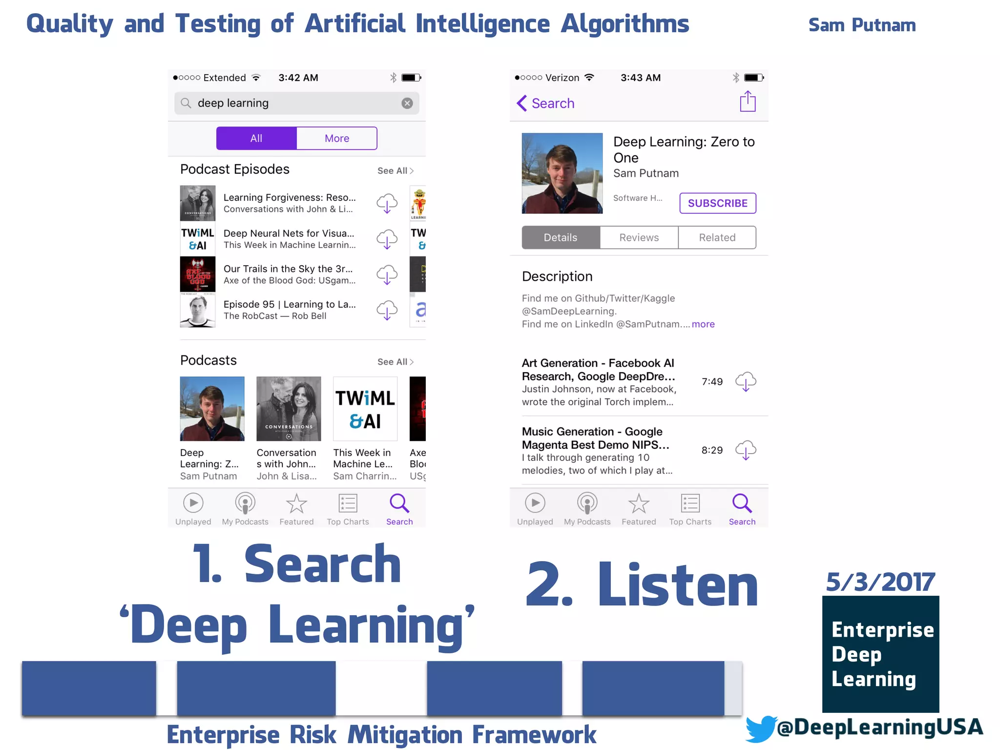 Quality and Testing of Artificial Intelligence Algorithms Sam Putnam
Enterprise Risk Mitigation Framework
1. Search
‘Deep Learning’
2. Listen 5/3/2017
 