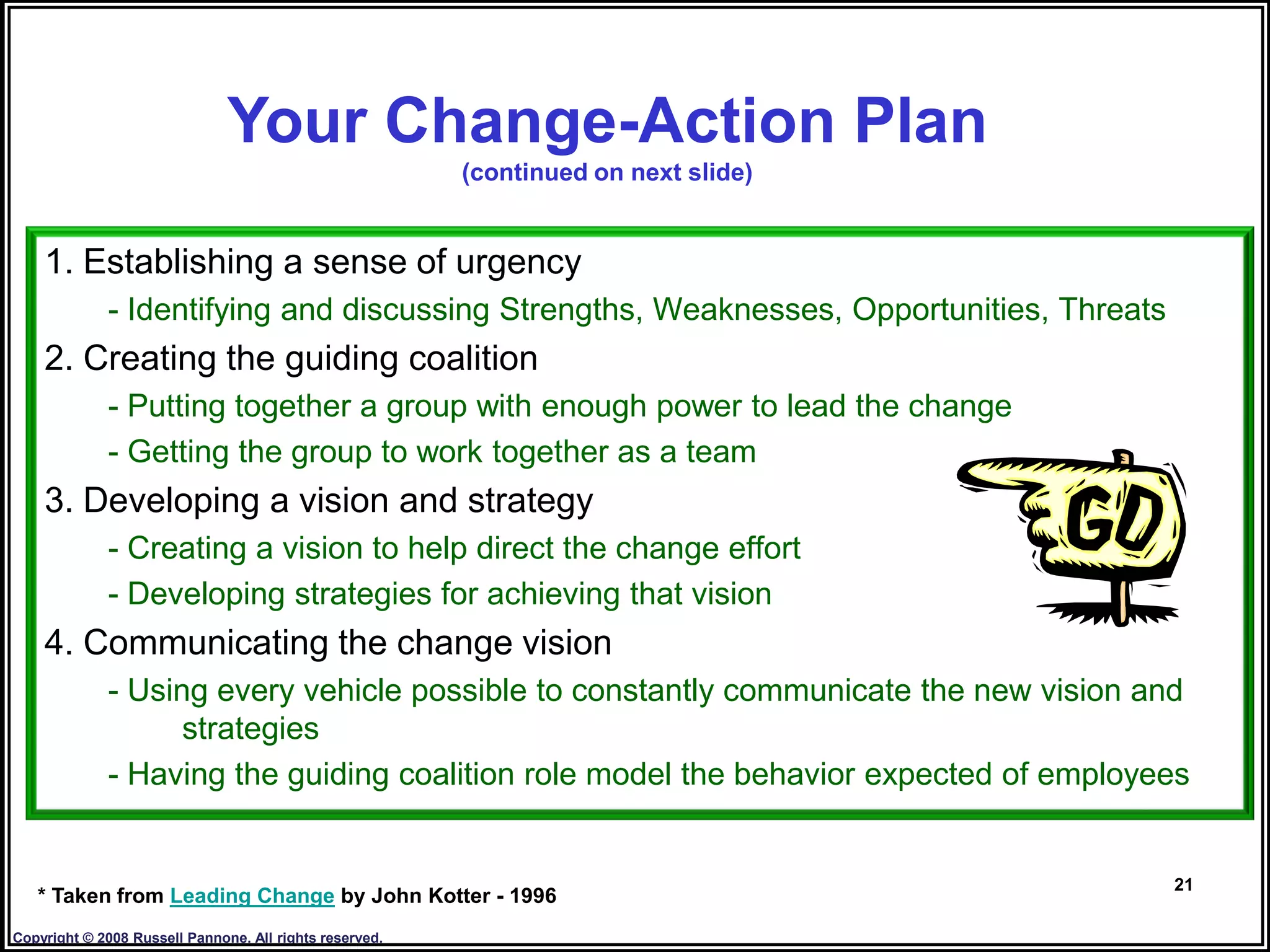 Your Change-Action Plan
                                                         (continued on next slide)


    1. Establishing a sense of urgency
             - Identifying and discussing Strengths, Weaknesses, Opportunities, Threats
    2. Creating the guiding coalition
             - Putting together a group with enough power to lead the change
             - Getting the group to work together as a team
    3. Developing a vision and strategy
             - Creating a vision to help direct the change effort
             - Developing strategies for achieving that vision
    4. Communicating the change vision
             - Using every vehicle possible to constantly communicate the new vision and
                   strategies
             - Having the guiding coalition role model the behavior expected of employees


                                                                                          21
   * Taken from Leading Change by John Kotter - 1996
Copyright © 2008 Russell Pannone. All rights reserved.
 