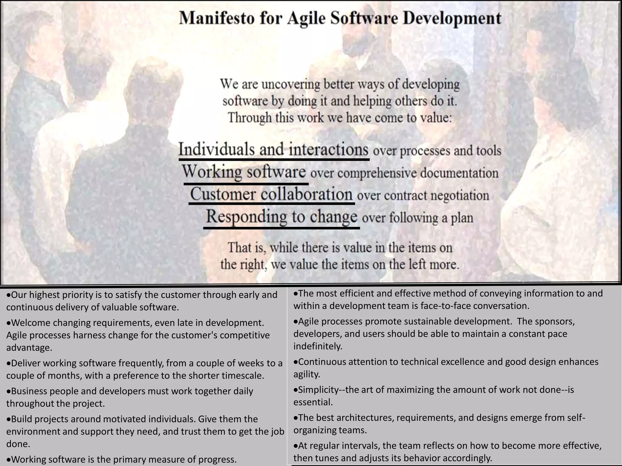 Our highest priority is to satisfy the customer through early and The most efficient and effective method of conveying information to and
continuous delivery of valuable software.                         within a development team is face-to-face conversation.
 Welcome changing requirements, even late in development.          Agile processes promote sustainable development. The sponsors,
Agile processes harness change for the customer's competitive     developers, and users should be able to maintain a constant pace
advantage.                                                        indefinitely.
 Deliver working software frequently, from a couple of weeks to a Continuous attention to technical excellence and good design enhances
couple of months, with a preference to the shorter timescale.     agility.
 Business people and developers must work together daily           Simplicity--the art of maximizing the amount of work not done--is
throughout the project.                                           essential.
 Build projects around motivated individuals. Give them the        The best architectures, requirements, and designs emerge from self-
environment and support they need, and trust them to get the job organizing teams.
done.                                                              At regular intervals, the team reflects on how to become more effective,
 Working software is the primary measure of progress.             then tunes and adjusts its behavior accordingly.                     25
 