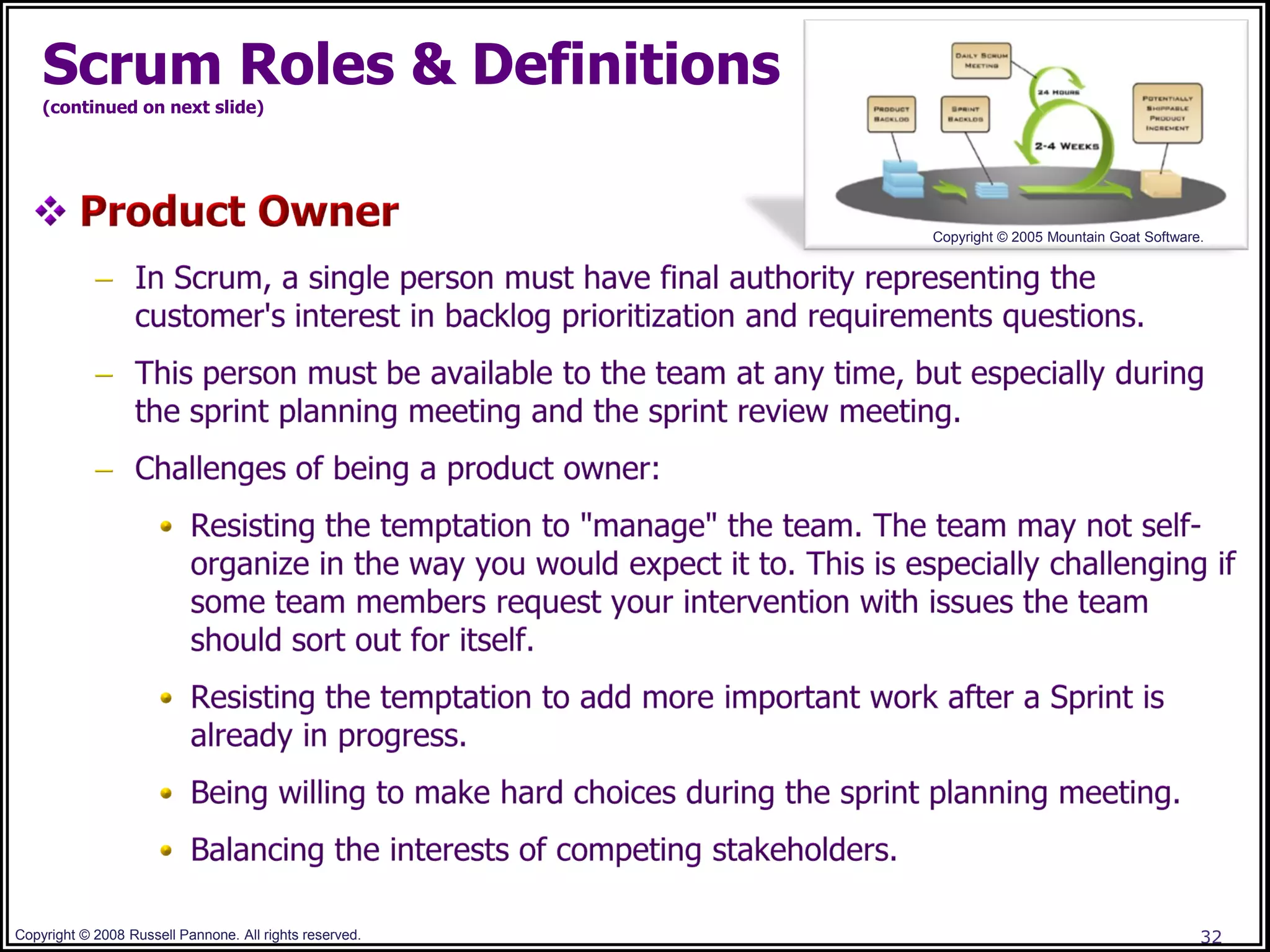 Scrum Roles & Definitions
    (continued on next slide)




                                                         Copyright © 2005 Mountain Goat Software.




Copyright © 2008 Russell Pannone. All rights reserved.                                          32
 
