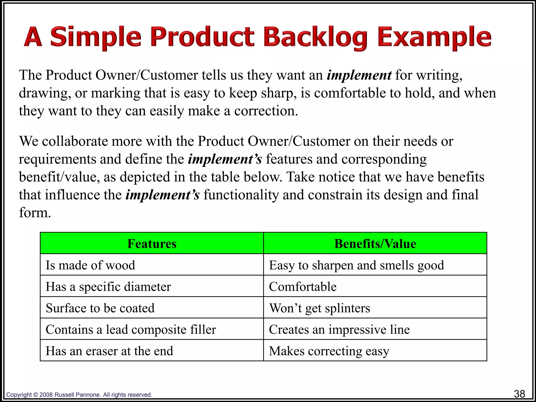 The Product Owner/Customer tells us they want an implement for writing,
    drawing, or marking that is easy to keep sharp, is comfortable to hold, and when
    they want to they can easily make a correction.

    We collaborate more with the Product Owner/Customer on their needs or
    requirements and define the implement’s features and corresponding
    benefit/value, as depicted in the table below. Take notice that we have benefits
    that influence the implement’s functionality and constrain its design and final
    form.

                                            Features                 Benefits/Value
              Is made of wood                            Easy to sharpen and smells good
              Has a specific diameter                    Comfortable
              Surface to be coated                       Won’t get splinters
              Contains a lead composite filler           Creates an impressive line
              Has an eraser at the end                   Makes correcting easy


Copyright © 2008 Russell Pannone. All rights reserved.                                     38
 